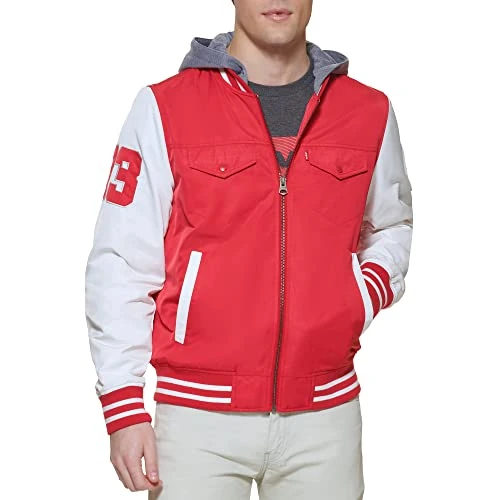 Men's Colorblock Varsity Bomber Jacket, Red/Fleece Hood, S