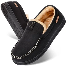Men's Comfort Moccasin Slippers Memory Foam Warm Fluffy Faux Fur House Shoes with Indoor Outdoor Rubber Sole (8UK, Black)