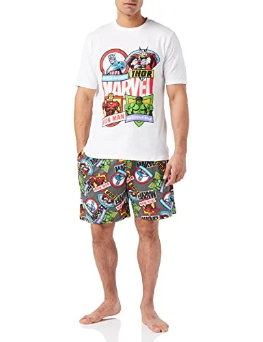 Mens Comics Pyjamas, T-Shirt and Shorts PJ Set, Incredible Hulk Captain America Spiderman Iron Man P