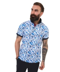 Men's Contrast Collar Floral Print Short Sleeve Polo Shirt, Blue, XXL