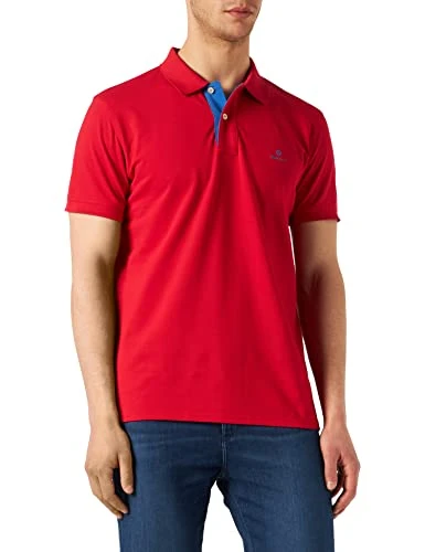 Men's Contrast Collar Pique SS Rugger Polo Shirt, Bright Red, M