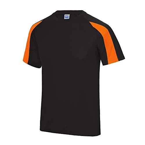 Mens Contrast Cool Sports Plain T-Shirt (XL) (Jet Black/Electric Orange)