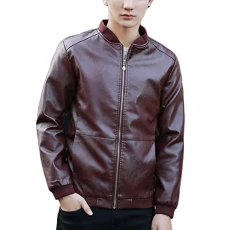 Men's Cool Zip Up Stand Collar Faux Leather Coat Jacket Wine Red M
