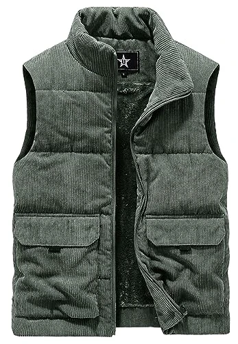 Mens Corduroy Fleece Lined Gilet with Zip Pockets Warm Multi Pocket Vest Winter Thick Fleece Body Warmer for Men Stand Collar Windproof Sleeveless Jacket Coat Zip Up Outdoor Outwear Army Green L