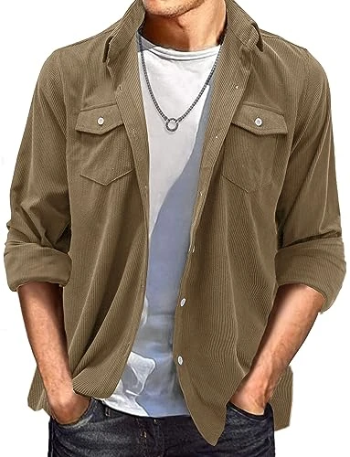 Mens Corduroy Shirt Jacket Casual Button Down Trucker Jacket Shirt Long Sleeve Work Shirt Coat with 