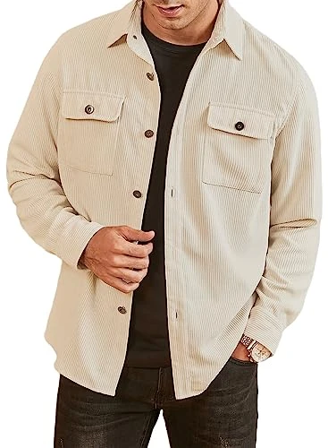 Men's Corduroy Shirts Casual Long Sleeve Button Down Trucker Jacket Autumn Winter Coats with Pockets