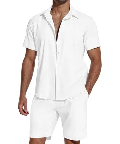 Men's Cotton 2-Piece Pyjamas Short Sleeve Button Down Shirt & Lightweight Shorts - Breathable Comfor