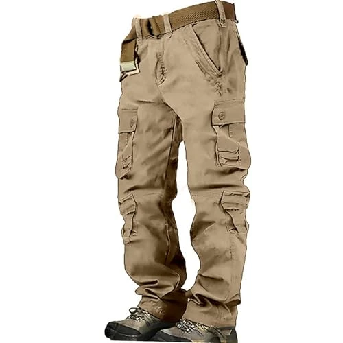 Mens Cotton Cargo Pants Solid Work Trousers Loose Fit Combat Pant Baggy Workwear Bottoms Smart Casua