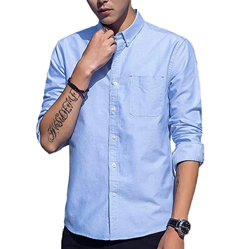 Mens Cotton Casual Slim Fit Long Sleeve Formal Dress Shirts Sky Blue 3XL