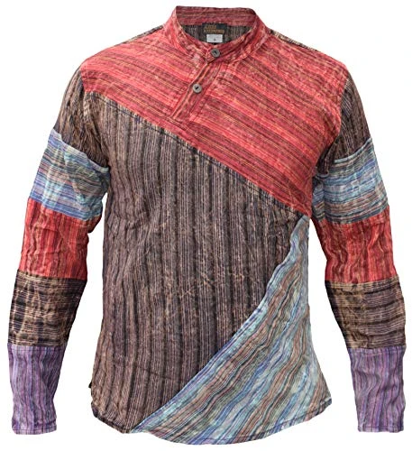 Mens Cotton Criss Cross Patchwork Striped Side Neck Buttoned Grandad Shirts XXX-Large Multicoloured