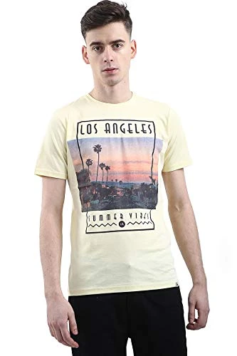 Mens Cotton Jersey Summer Holiday Casual Round Neck Short Sleeve Print Tshirt [Summer Vibes- Yellow,