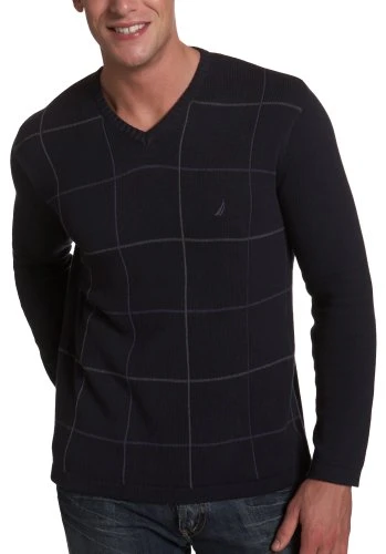 Men's Cotton Jersey Windowpane Sweater, Navy, S