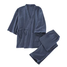 Men's Cotton Kimono Pajamas 2-Piece Set Spring Solid Color Loose Casual Home Bathrobe Hazy Blue L Men's Cotton Kimono Pajamas 2-Piece Set Spring Solid Color Loose Casual Home Bathrobe Hazy Blue L