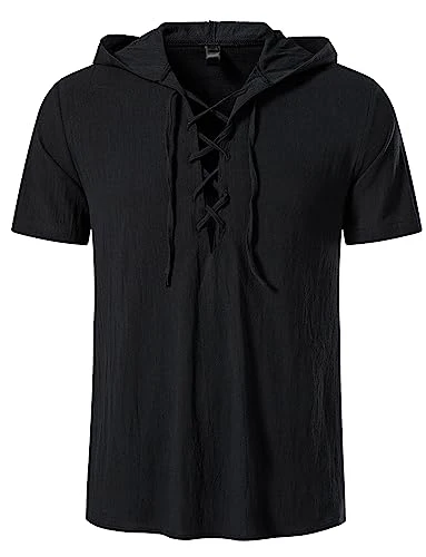 Men's Cotton Lace Up Henley Shirt Black M Short Sleeve Hoodie Top for Men Hooded T Shirt Casual Goth