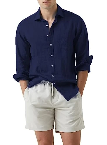 Mens Cotton Linen Button Down Shirts Casual Long Sleeve Summer Beach Shirts, Blue, Medium