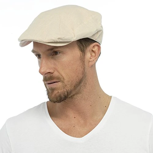 Mens Cotton Linen Fabric Flat Cap Hat Lined Summer Sun Peak Washable Stone M/L