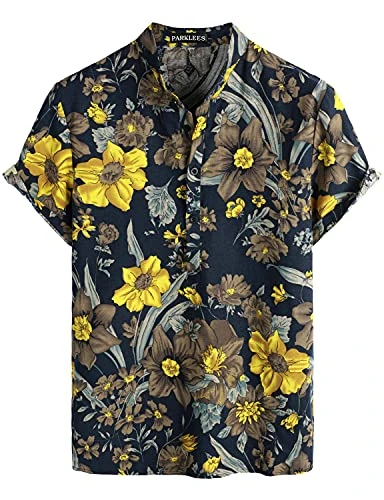 Mens Cotton Linen Floral Print Hawaiian Shirts Casual Short Sleeve Grandad Collar Shirt Navy Yellow XXXL