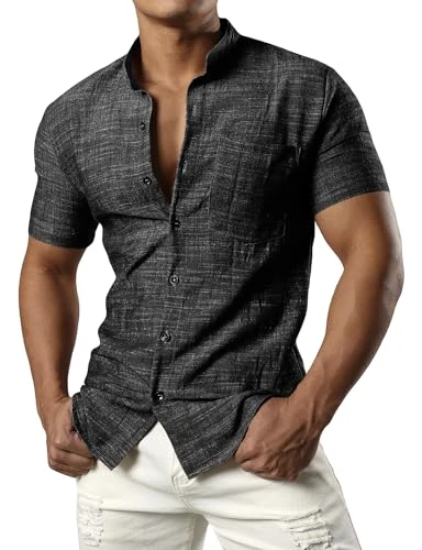 Men's Cotton Linen Grandad Shirts Short Sleeve Casual Collarless Shirt Regular Fit Summer Beach Shir