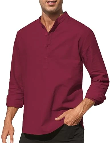 Men's Cotton Linen Henley Shirt Long Sleeve Hippie Shirts Casual Beach T-Shirt, Wine Red1, Large