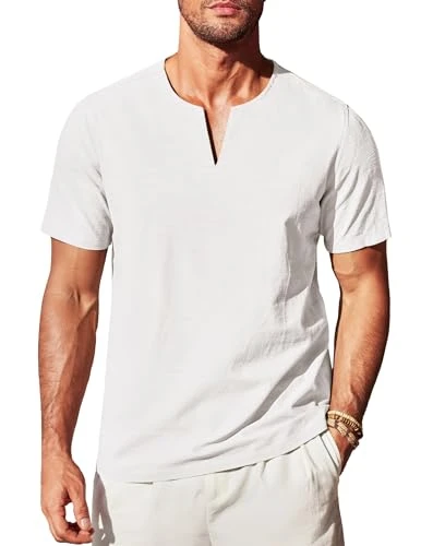 Men's Cotton Linen Henley Shirt Short Sleeve Casual Beach T Shirts V Neck Summer Lightweight Yoga, White, Large