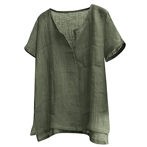 Men's Cotton Linen Henley Shirt Short Sleeve Hippie Casual Comfort Beach Yoga T-Shirts Glitter Shirt, Army Green, XXL