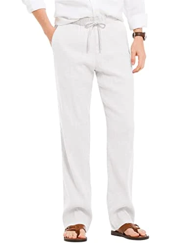 Men's Cotton Linen Pants Lightweight Pajamas Lounge Beach Yoga Trousers - White - Medium