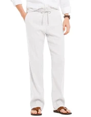Men's Cotton Linen Pants Lightweight Pajamas Lounge Beach Yoga Trousers - White - Medium