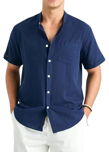 Mens Cotton Linen Shirts Navy Blue Short Sleeve Shirt Banded Collar Shirts for Men Button Down Light