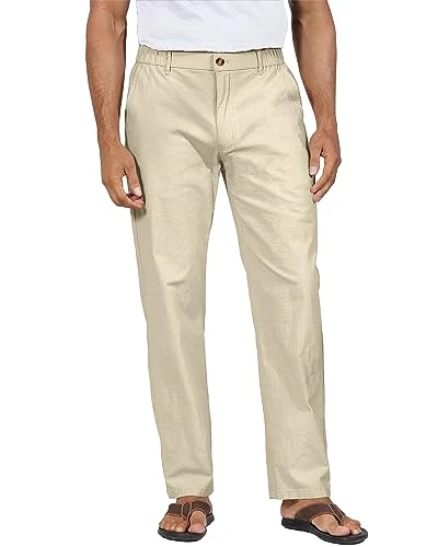 Men's Cotton Linen Trousers Yoga Elasticated Waist Trousers Loose Fit with Pockets Khaki 2XL