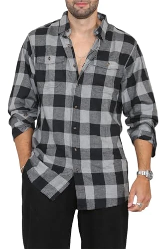 Mens Cotton Long Sleeve Flannel Check Shirts Soft Lumberjack Casual Work Shirt Men's Shirt Black Gre