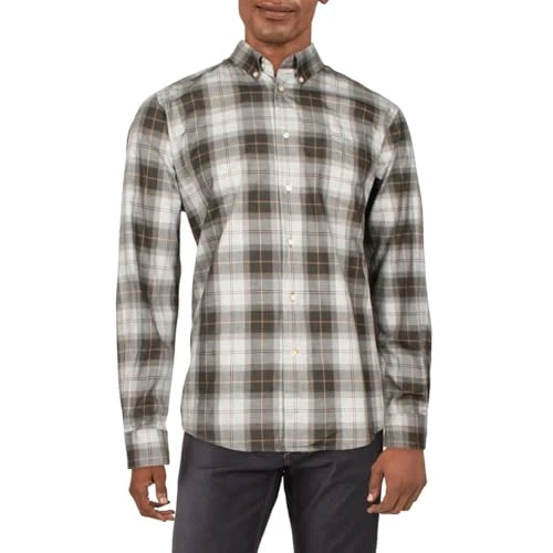 Mens Cotton Plaid Button-Down Shirt, Greystone, Medium