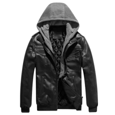 Men's Cotton Quilted Synthetic Leather Jacket Winter Hooded Biker Motorcycle Jacket Coat Black SN0710103 M