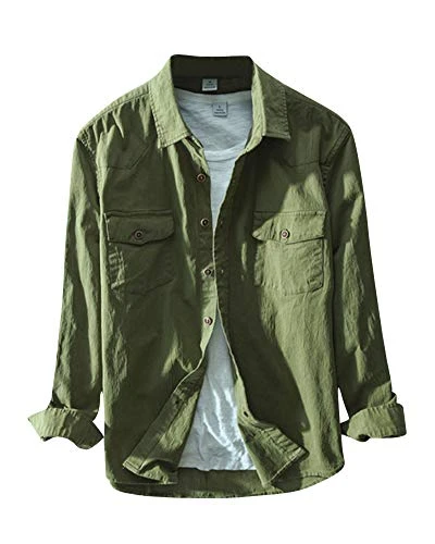 Mens Cotton Shirts Long Sleeved Formal Work Slim Fit Casual Shirt Army Green 3XL