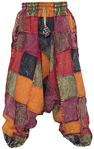 Men's Cotton Stone Washed Aladdin Wide Leg Genie Ninja Harem Pants Trousers Thick Patch L/XL