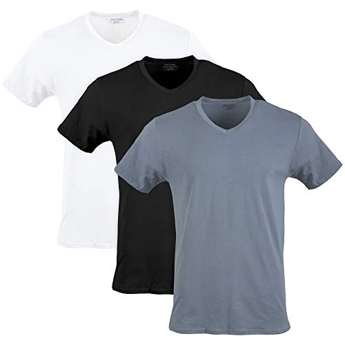 Men's Cotton Stretch T-Shirts, Multipack Underwear, White/Black Soot/Grey Flannel (V-Neck 3-Pack), Large (Pack of 3)