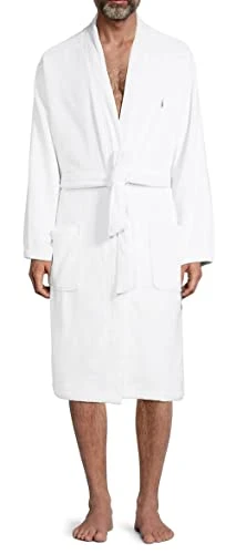 Men's Cotton Velour Kimono Robe, White/Rugby Royal, Large