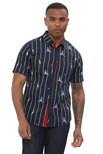 Men's Cotton Vertical Stripe Sparrow Print Regular-fit Short Sleeve Collar Shirt (M, Navy)