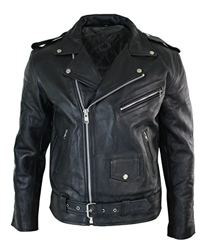 Mens Cow Hide Original Cross Zip Brando Biker Motorcycle Real Leather Jacket Black