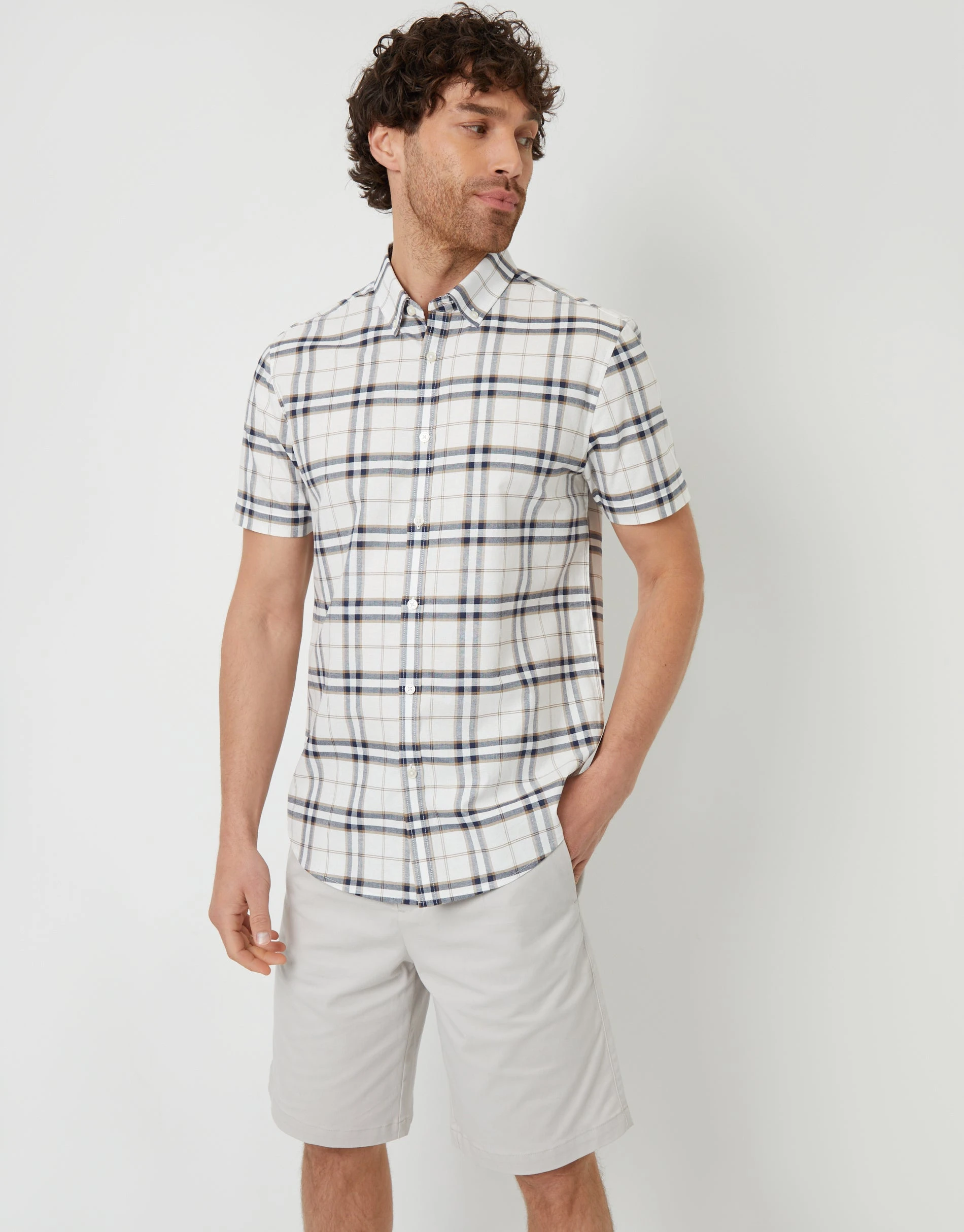 Men's Cream Check Short Sleeve Casual Shirt