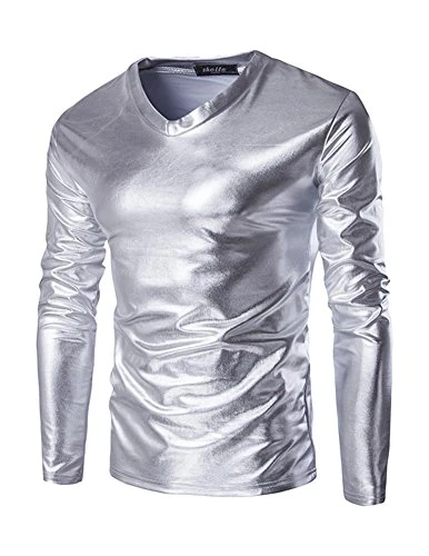 Mens Crew Neck Bright Color Tee Long Sleeve Solid Color Casual T-shirt Silver 2XL