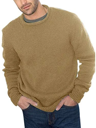 Men's Crew Neck Cable Knitted Jumper Winter Warm Sweater Basic Pullover Slim Fit Knitwear 3XL Khaki