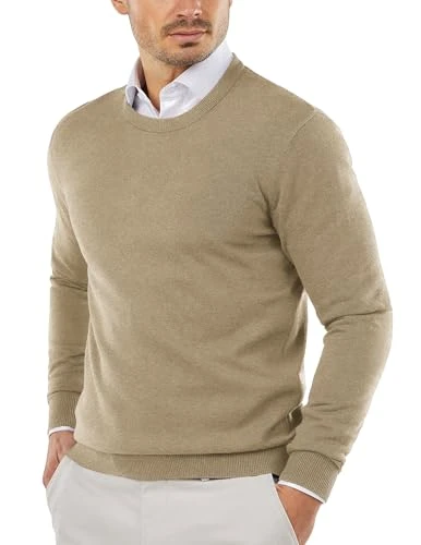 Men's Crew Neck Cotton Knitted Jumper Slim Fit Fine Knit Winter Jumper Sweater, beige, XL