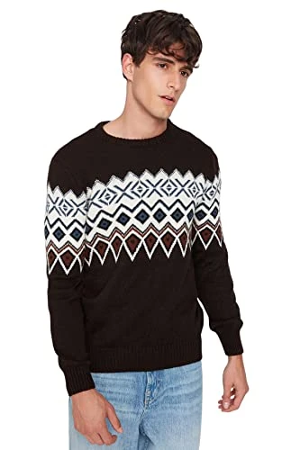 Men's Crew Neck Ethnic Pattern Slim Sweater Sweatshirt, Brown, S UK