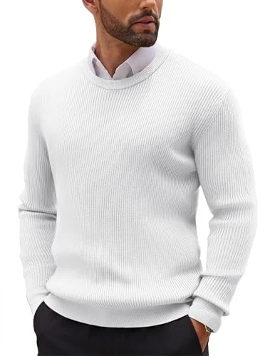 Men's Crew Neck Jumper Knitted Sweater Ribbed Cuffs Pullover Long Sleeved Narrow Stripes Shirt Plain