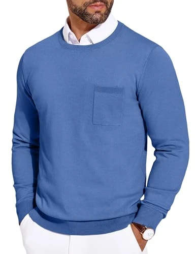 Men's Crew Neck Jumpers Lightweight Long Sleeve Jumper Soft Knitted Pullover with Chest Pocket Blue 