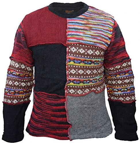 Mens Crew Neck Patchwork Fleece Lined Wool Jumper X-Large