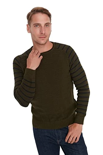 Men's Crew Neck Plain Slim Sweater Sweatshirt, Khaki, S UK