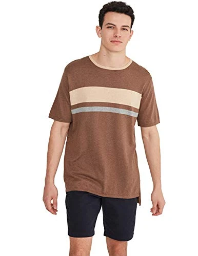 Men's Crew Neck Short Sleeve Cotton Cashmere T-Shirt with Stripe Design - Brown - XXL