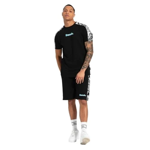 Mens Crew Neck Short Sleeve T-Shirt and Short 2pc Set Camo Tracksuit Black M