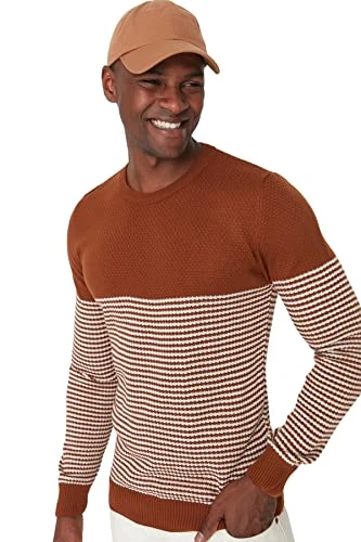 Men's Crew Neck Striped Slim Sweater Sweatshirt, Camel, S UK